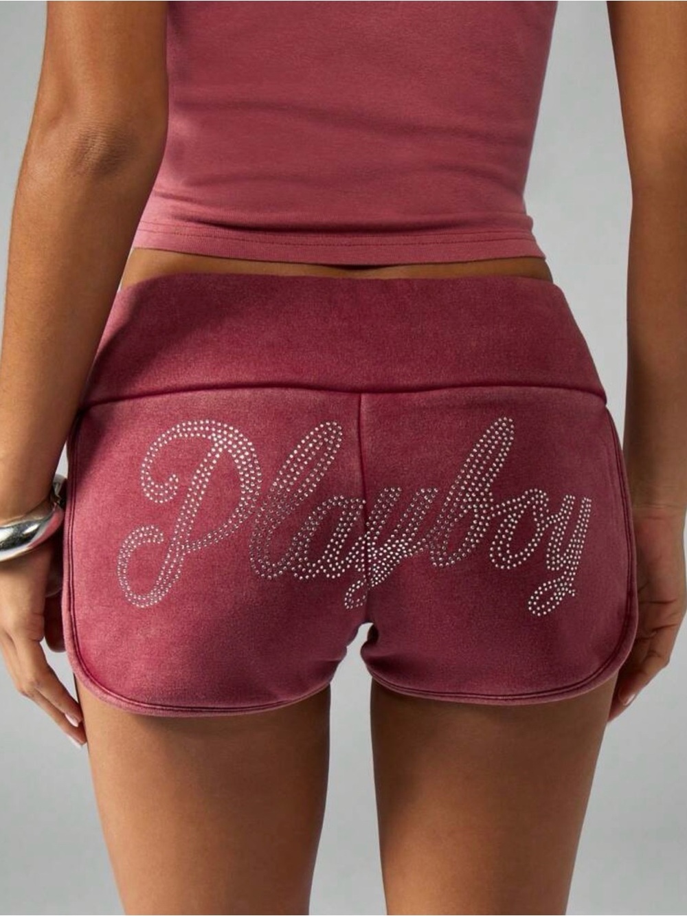 PLAYBOY Wine Rhinestone Logo Athletic Shorts